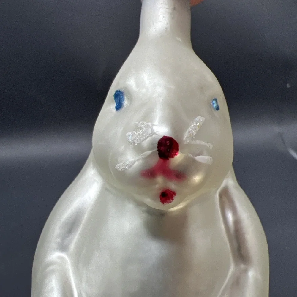 Vintage Germany Glass Rabbit Christmas Ornament White Snowflake Unmarked Cap